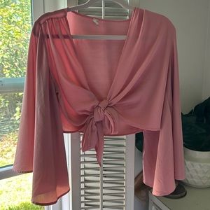 cropped front tie flowy sleeve pink  shirt